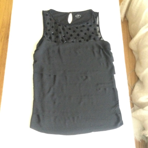 LOFT Mesh Velvet Trim Tiered Mixed Media Shell Blouse Black - Sz Medium - Picture 5 of 10